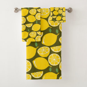 Yellow Lemons & Olive Green Pattern: Modern Citrus Bath Towel Set