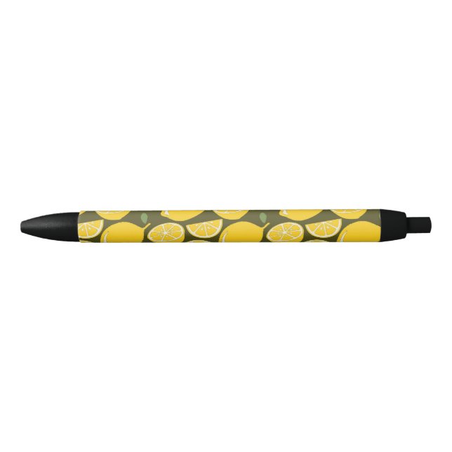 Yellow Lemons & Olive Green Pattern: Modern Citrus Black Ink Pen (Front)