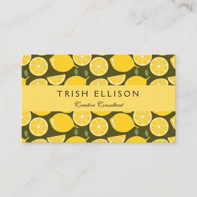 Yellow Lemons & Olive Green Pattern: Modern Citrus Business Card (Front)