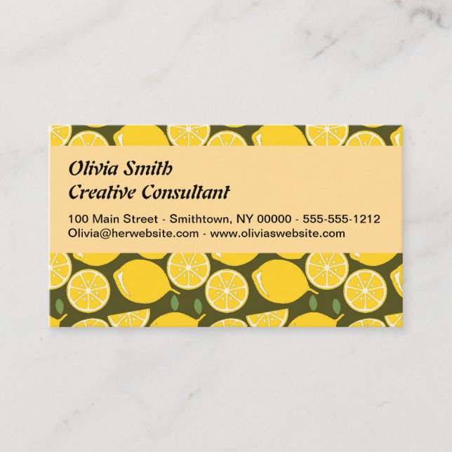 Yellow Lemons & Olive Green Pattern: Modern Citrus Business Card (Front)