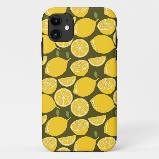 Yellow Lemons & Olive Green Pattern: Modern Citrus Case-Mate iPhone Case (Back)