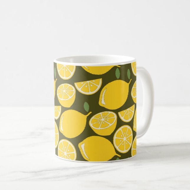 Yellow Lemons & Olive Green Pattern: Modern Citrus Coffee Mug (Front Right)