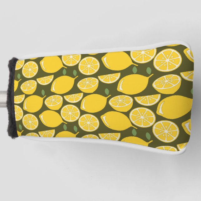Yellow Lemons & Olive Green Pattern: Modern Citrus Golf Head Cover (Front)