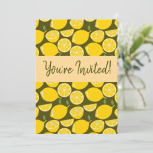 Yellow Lemons & Olive Green Pattern: Modern Citrus Invitation