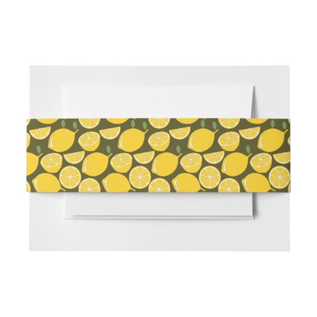 Yellow Lemons & Olive Green Pattern: Modern Citrus Invitation Belly Band (Front Example)
