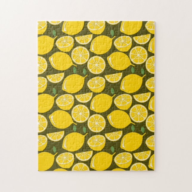 Yellow Lemons & Olive Green Pattern: Modern Citrus Jigsaw Puzzle (Vertical)