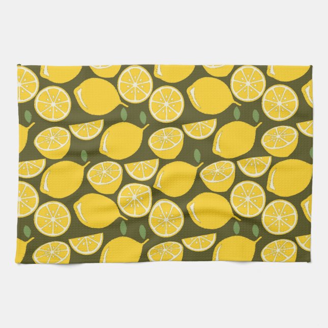 Yellow Lemons & Olive Green Pattern: Modern Citrus Kitchen Towel (Horizontal)