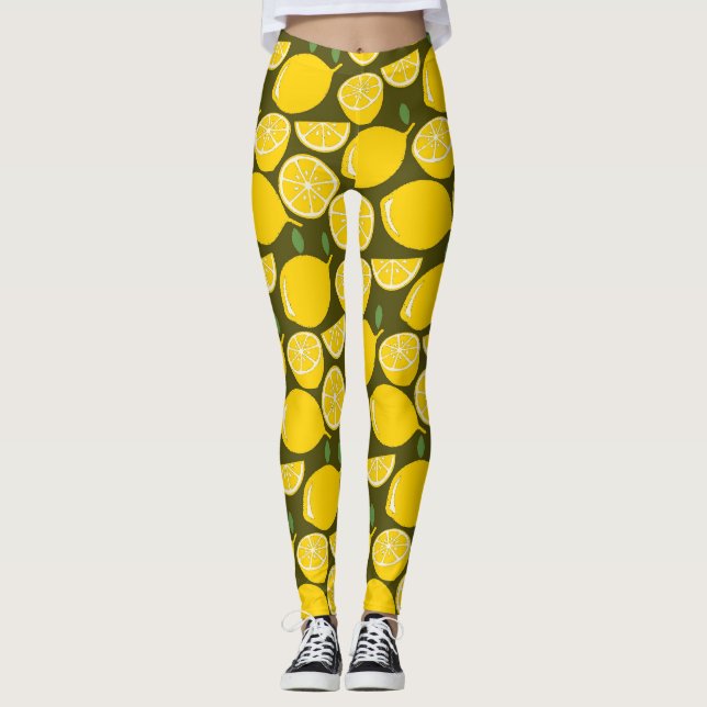 Yellow Lemons & Olive Green Pattern: Modern Citrus Leggings (Front)