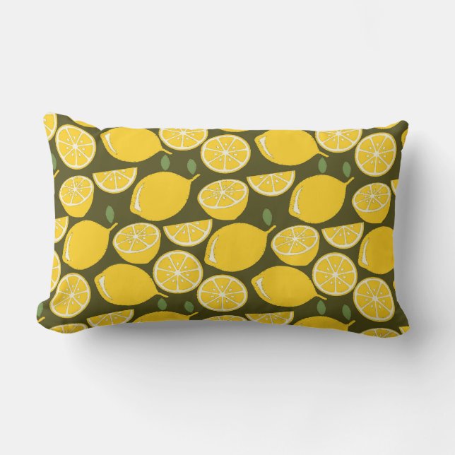Yellow Lemons & Olive Green Pattern: Modern Citrus Lumbar Pillow (Front)
