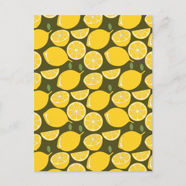 Yellow Lemons & Olive Green Pattern: Modern Citrus Postcard (Front)