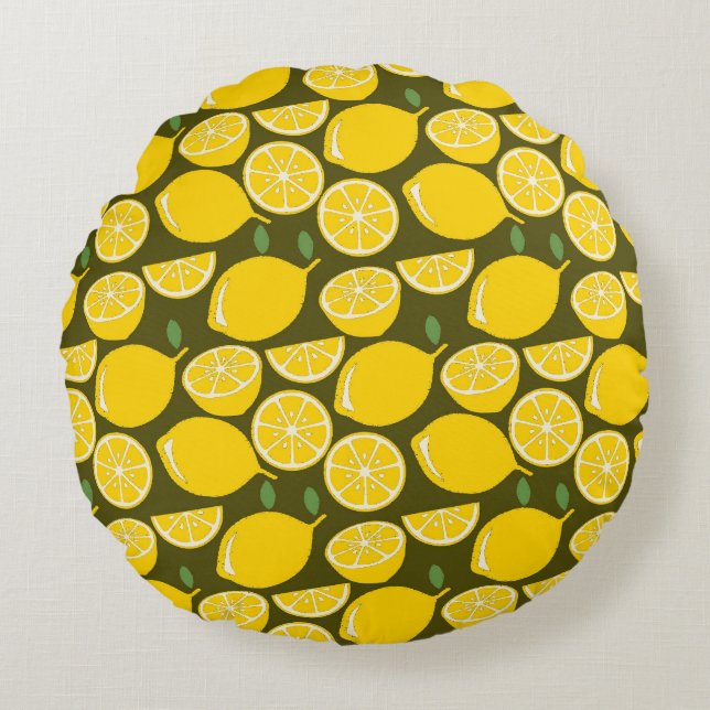 Yellow Lemons & Olive Green Pattern: Modern Citrus Round Pillow (Front)