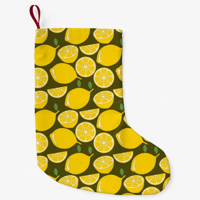 Yellow Lemons & Olive Green Pattern: Modern Citrus Small Christmas Stocking (Front)