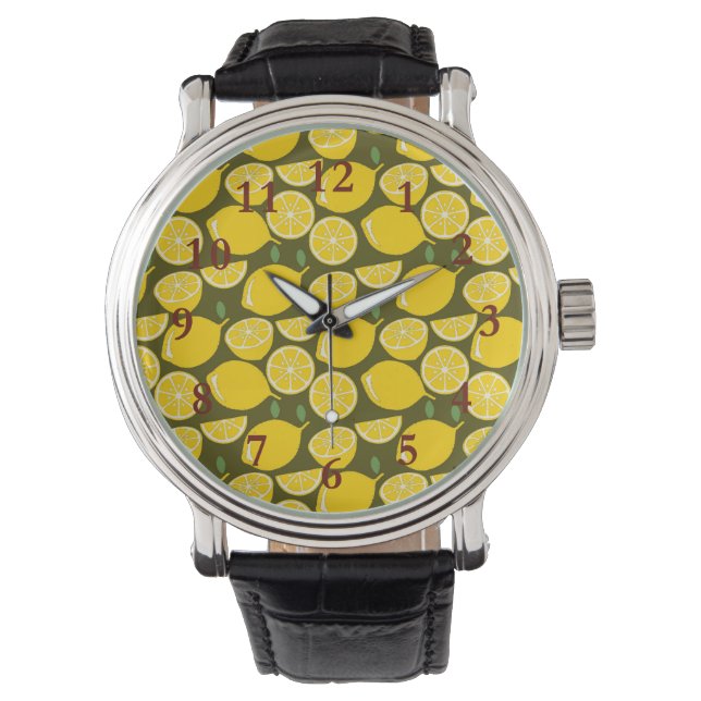 Yellow Lemons & Olive Green Pattern: Modern Citrus Watch (Front)