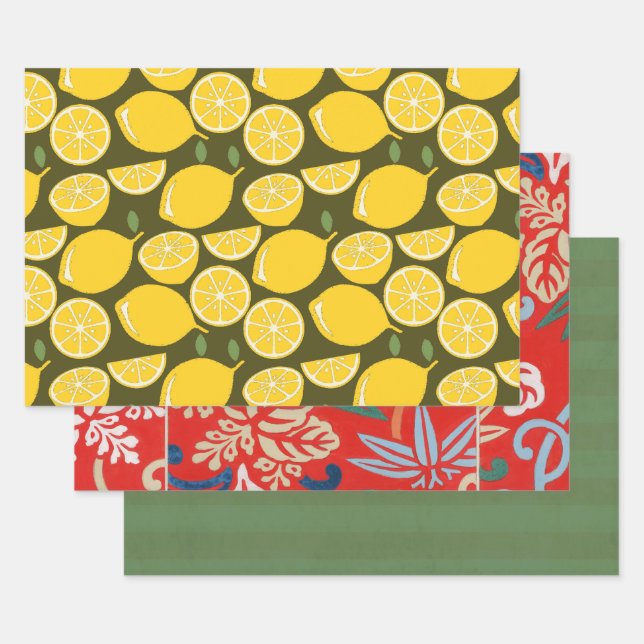 Yellow Lemons & Olive Green Pattern: Modern Citrus Wrapping Paper Sheet (Set)
