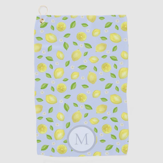 Yellow Lemons on Blue Custom Initial Ladies Golf Towel (Front)
