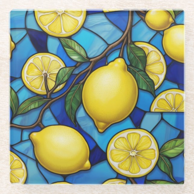 Yellow Lemons on Blue Stained Glass Art Glass Coaster (Front)