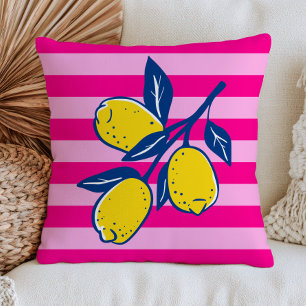 Yellow Lemons on Pink Stripes Retro Citrus Fruit Throw Pillow