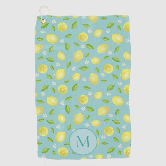 Yellow Lemons on Teal Custom Initial Ladies Golf Towel (Front)