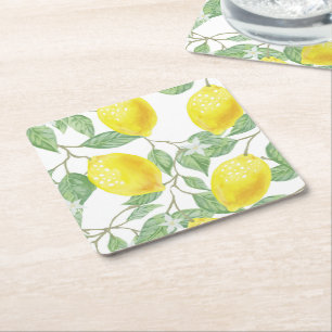 Yellow Lemons on Vine  Square Paper Coaster