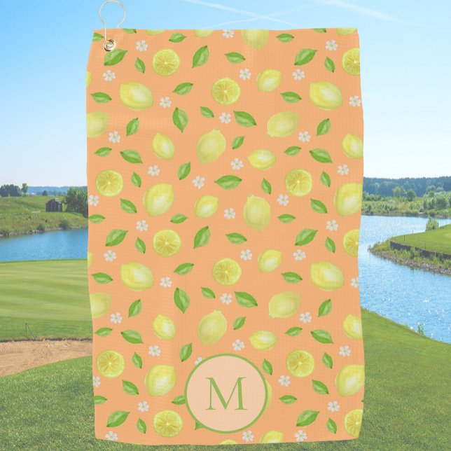 Yellow Lemons Orange Custom Monogrammed Golf Towel (Creator Uploaded)