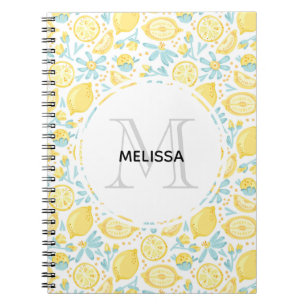 Yellow Lemons & Pastel Blue Flowers Monogram Name Notebook