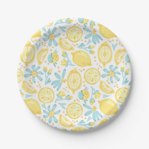 Yellow Lemons & Pastel Blue Flowers Pattern Paper Plate