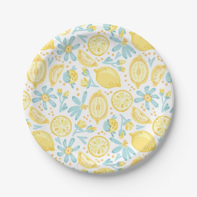Yellow Lemons & Pastel Blue Flowers Pattern Paper Plate (Front)