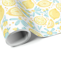 Yellow Lemons & Pastel Blue Flowers Pattern