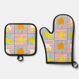 Yellow Lemons Pink Stripes Oven Mitt & Pot Holder Set