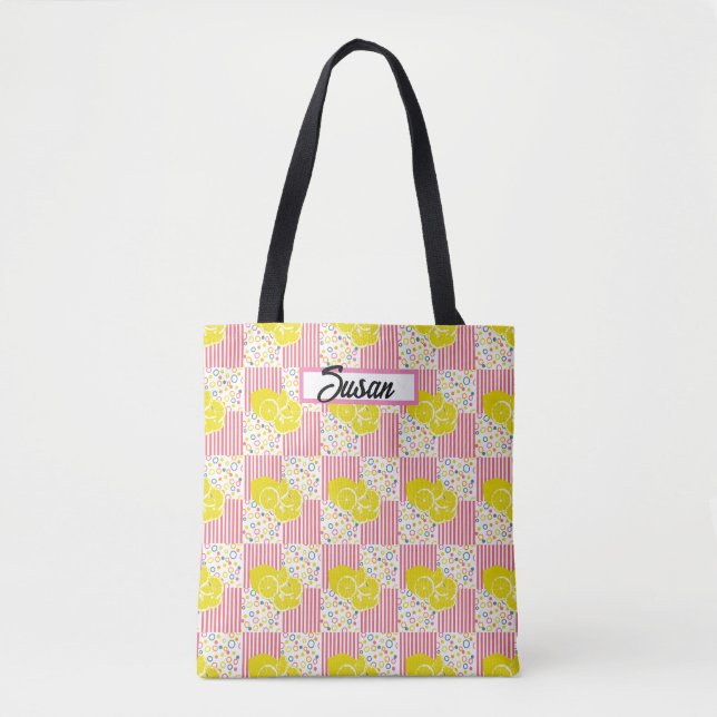 Yellow Lemons Pink Stripes Summer Tote Bag (Front)