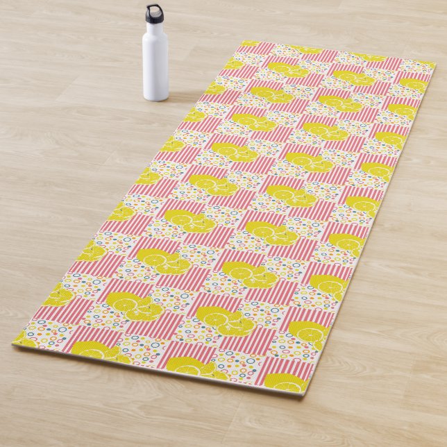 Yellow Lemons Pink White Stripes  Yoga Mat (In Situ)