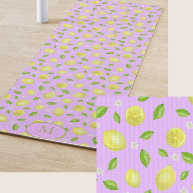 Yellow Lemons Purple Custom Monogram Yoga Mat (Creator Uploaded)