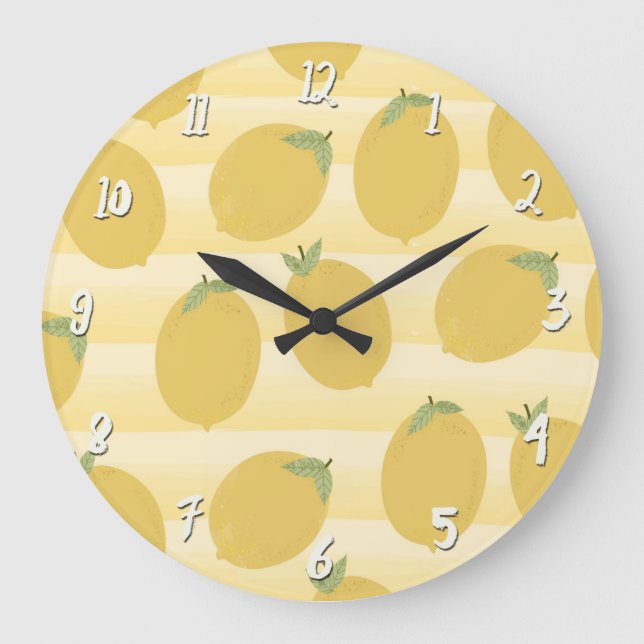 Yellow Lemons Summer Fruit Watercolor Fun Bright Large Clock (Front)