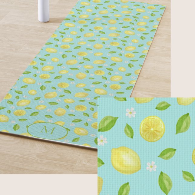 Yellow Lemons Teal Custom Monogram Yoga Mat (Creator Uploaded)