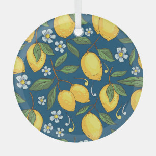Yellow Lemons: Tropical Fruit Pattern. Glass Ornament