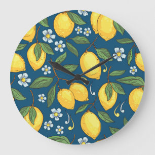 Yellow Lemons: Tropical Fruit Pattern. Large Clock
