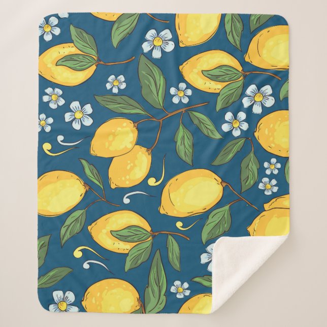 Yellow Lemons: Tropical Fruit Pattern. Sherpa Blanket (Front)