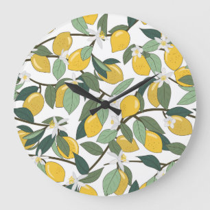 Yellow Lemons, Tropical Seamless Print. Large Clock
