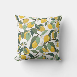 Yellow Lemons, Tropical Seamless Print. Throw Pillow