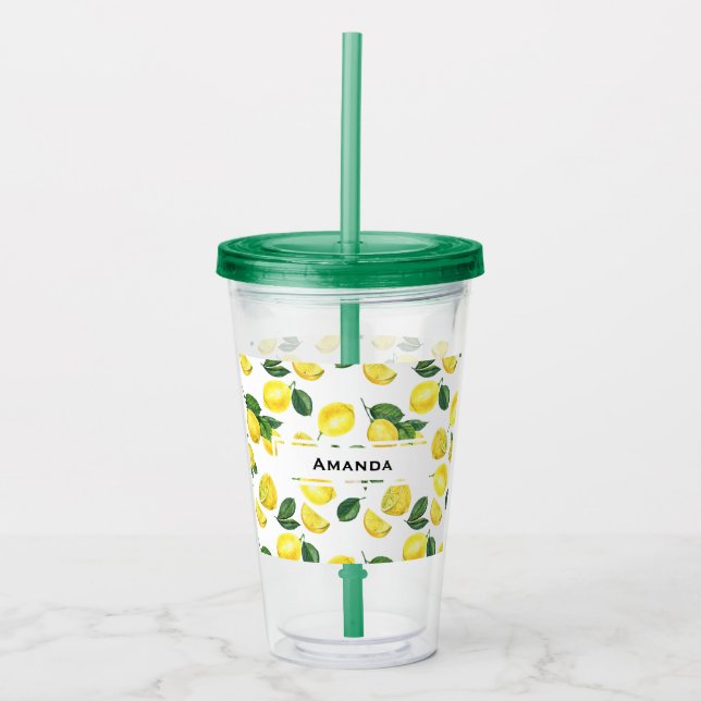 Yellow Lemons Watercolor Fruit Pattern Acrylic Tumbler (Front)