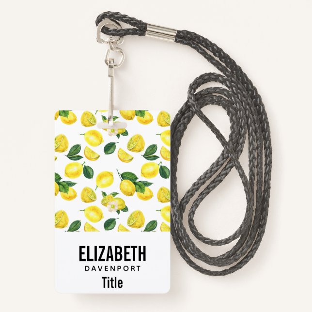 Yellow Lemons Watercolor Fruit Pattern Badge (Front with Lanyard)