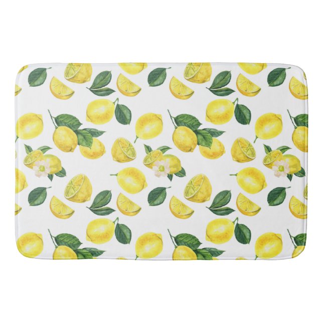 Yellow Lemons Watercolor Fruit Pattern Bath Mat (Front)