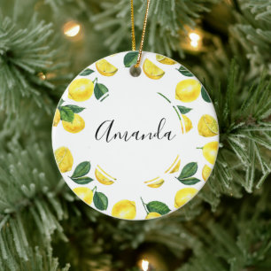 Yellow Lemons Watercolor Fruit Pattern Ceramic Ornament