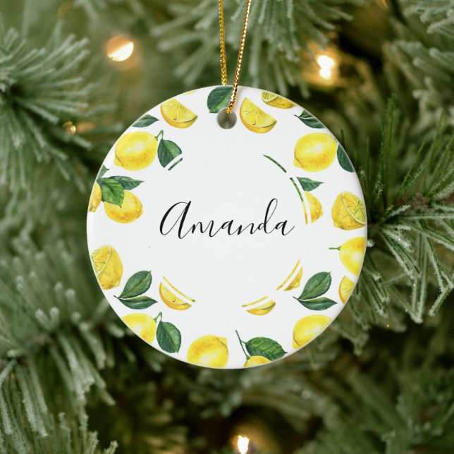Yellow Lemons Watercolor Fruit Pattern Ceramic Ornament (Tree)