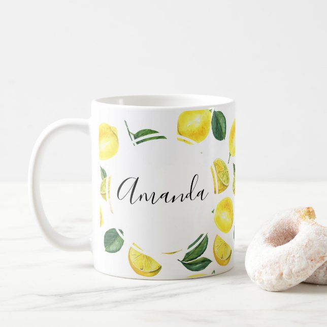 Yellow Lemons Watercolor Fruit Pattern Coffee Mug (With Donut)