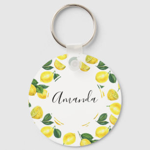Yellow Lemons Watercolor Fruit Pattern Keychain