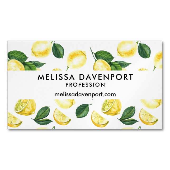 Yellow Lemons Watercolor Fruit Pattern Magnetic Business Card (Front)