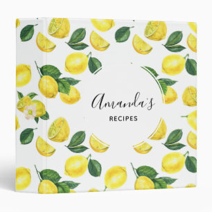 Yellow Lemons Watercolor Fruit Pattern Recipe Binder