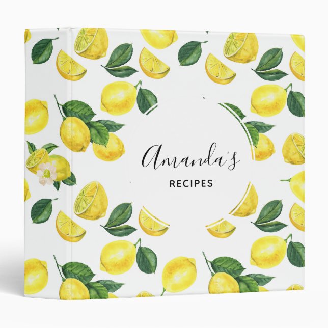 Yellow Lemons Watercolor Fruit Pattern Recipe Binder (Front/Spine)