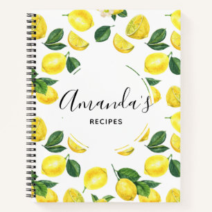 Yellow Lemons Watercolor Fruit Pattern Recipes Notebook